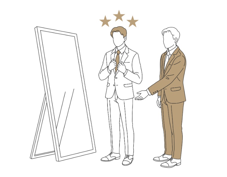 仕上がったスーツを鏡の前で試着しているイラスト